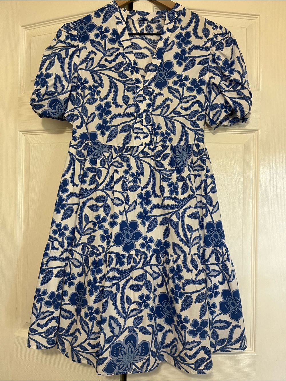Blue and White Floral Tiered Mini Dress